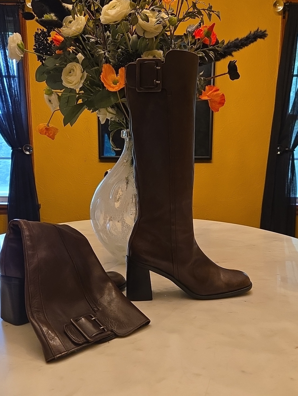 Nine West Dark Brown Knee-High Block Heel Leather Boots